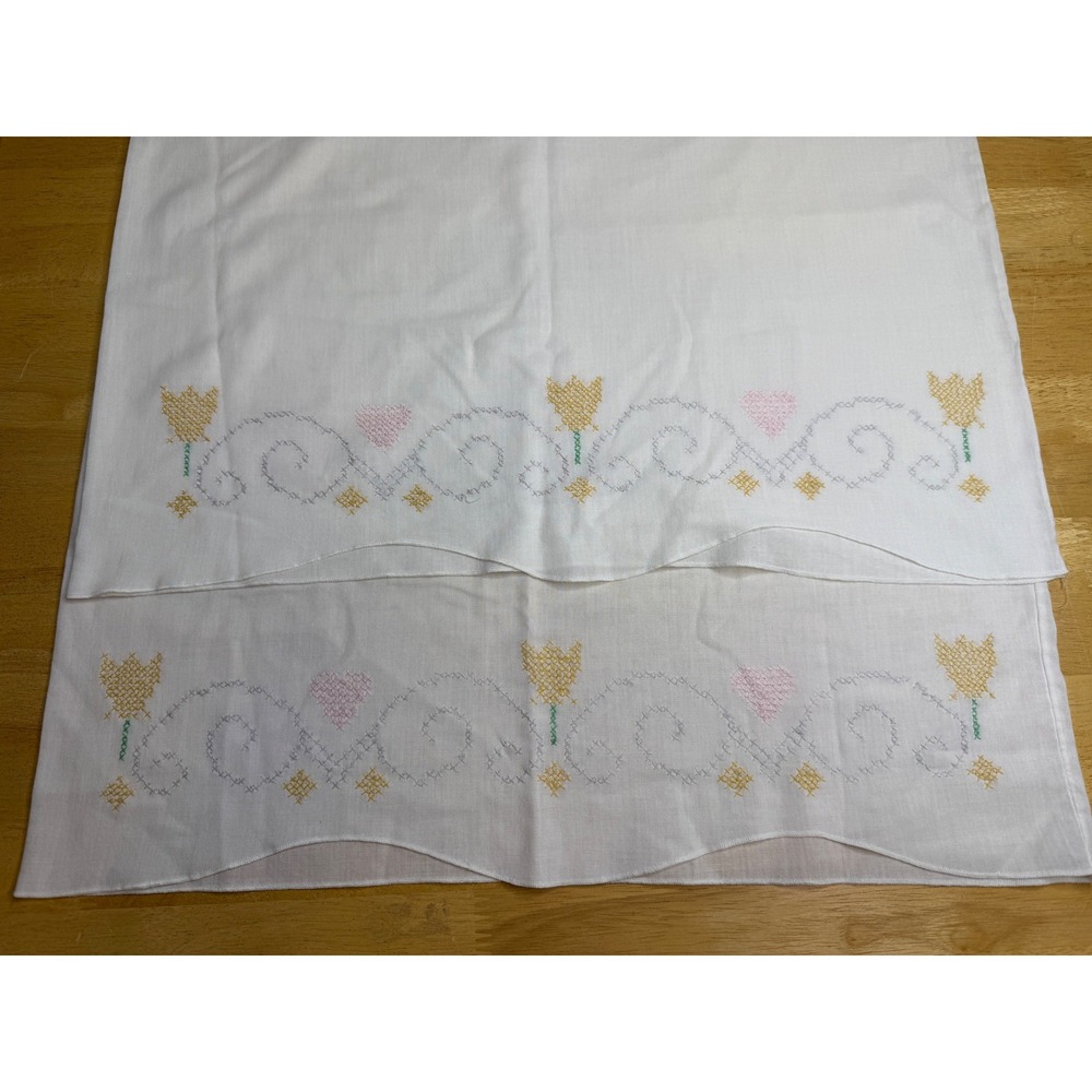 Vintage Hand Embroidered Cross Stitch Pillowcase Pair x2 Tulips Hearts Scalloped